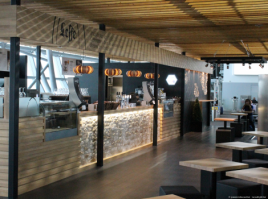 Bar in airport with several design lamps in wood